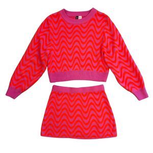 H&M Sweater Skirt Set Mini Neon Orange Pink Wave Barbiecore XS S